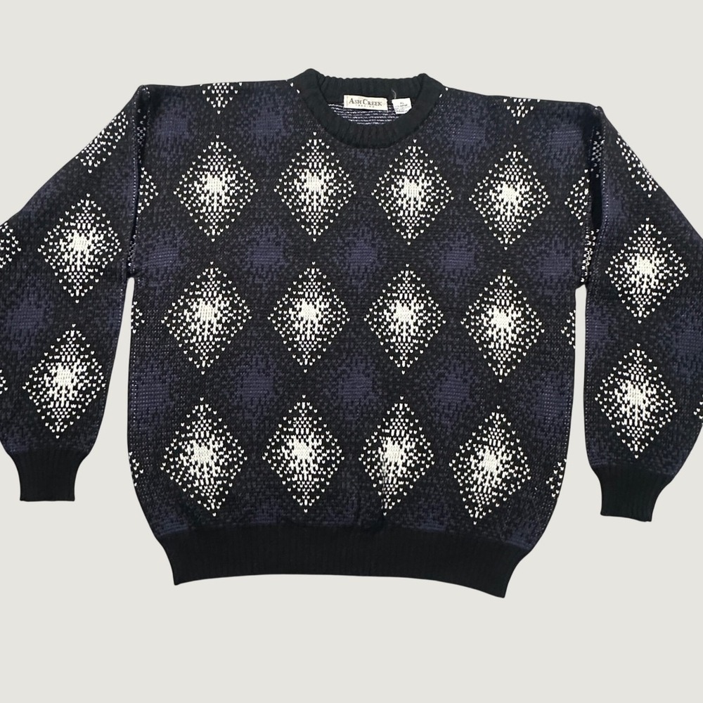 Vintage Ash Creek Trading Sweater Mens XL Navy Blue Argyle Diamond Knit Acrylic